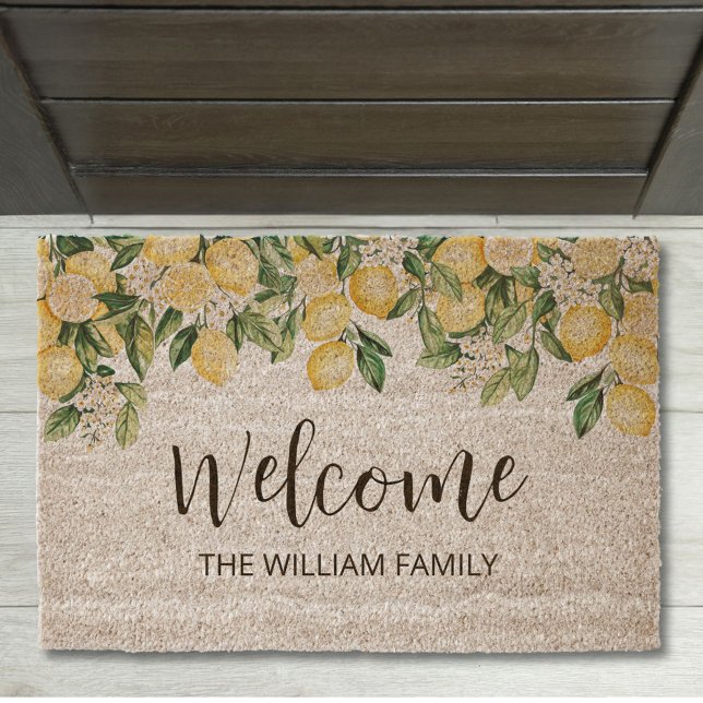 Monogrammed Yellow Lemon Tree Fiber Doormat (In situ)