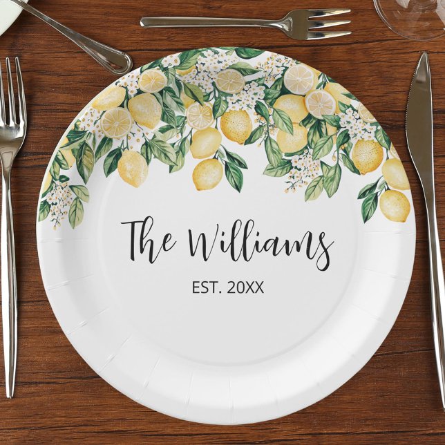 Monogrammed Yellow Lemon Tree Paper Plates (In situ)