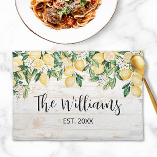Monogrammed Yellow Lemon Tree White Wood Cloth Placemat