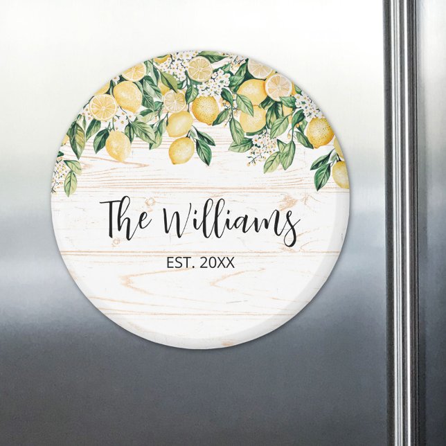 Monogrammed Yellow Lemon Tree White Wood Magnet (In situ)