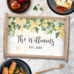 Monogrammed Yellow Lemon Tree White Wood Serving Tray