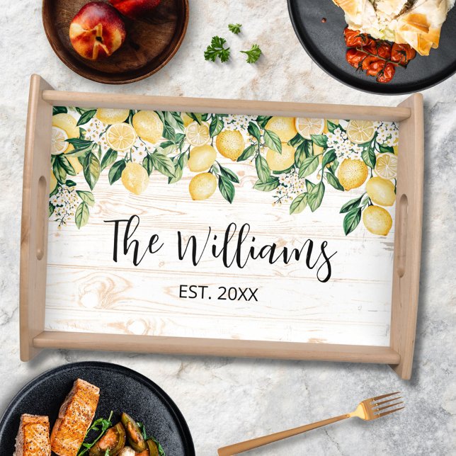 Monogrammed Yellow Lemon Tree White Wood Serving Tray (In situ)