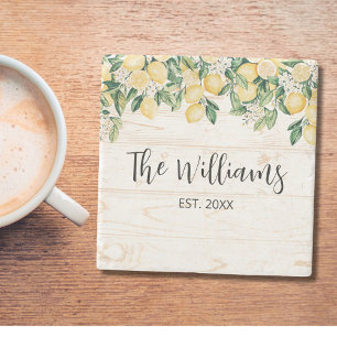 Monogrammed Yellow Lemon Tree White Wood Stone Coaster