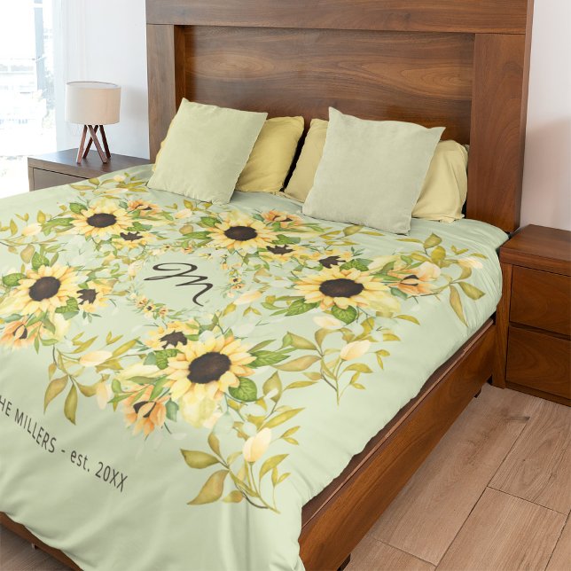 Monogrammed yellow sage green floral rustic duvet cover (Creator Uploaded)