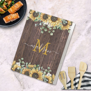Monogrammed Yellow Sunflower Eucalyptus Brown Wood Pocket Folder