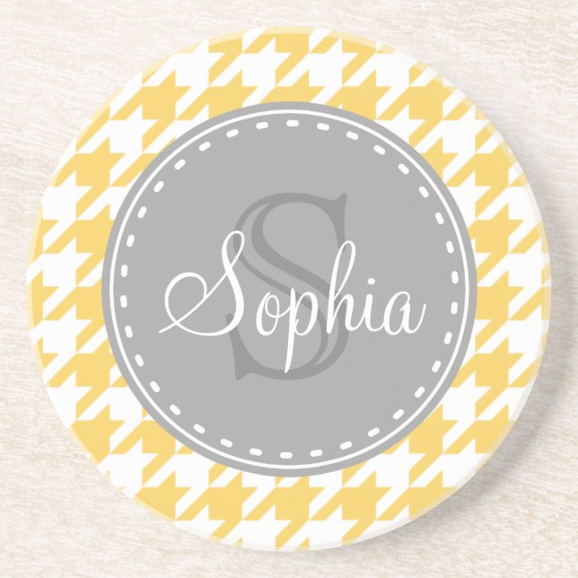 Monogrammed Yellow White Houndstooth Pattern Drink Coaster (Front)