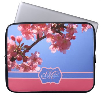 Monogrammed Yokohama Sakura Pink Cherry Blossoms Laptop Sleeve by BeverlyClaire at Zazzle