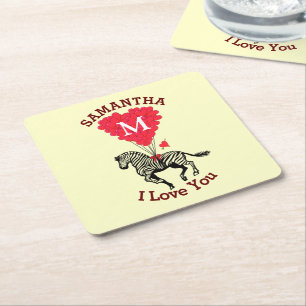 Monogrammed zebra and red heart personalized square paper coaster