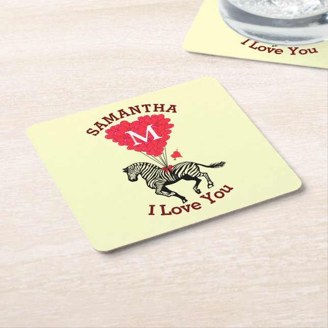 Monogrammed zebra and red heart personalized square paper coaster (Angled)