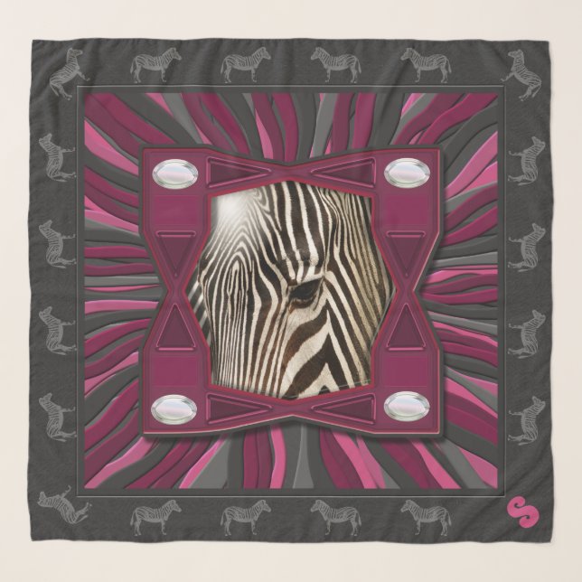 Monogrammed Zebra on Violet Bursts Chiffon Scarf (Front)