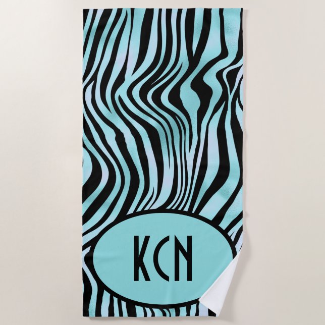 Monogrammed Zebra Print Black and Teal Turquoise Beach Towel (Front)