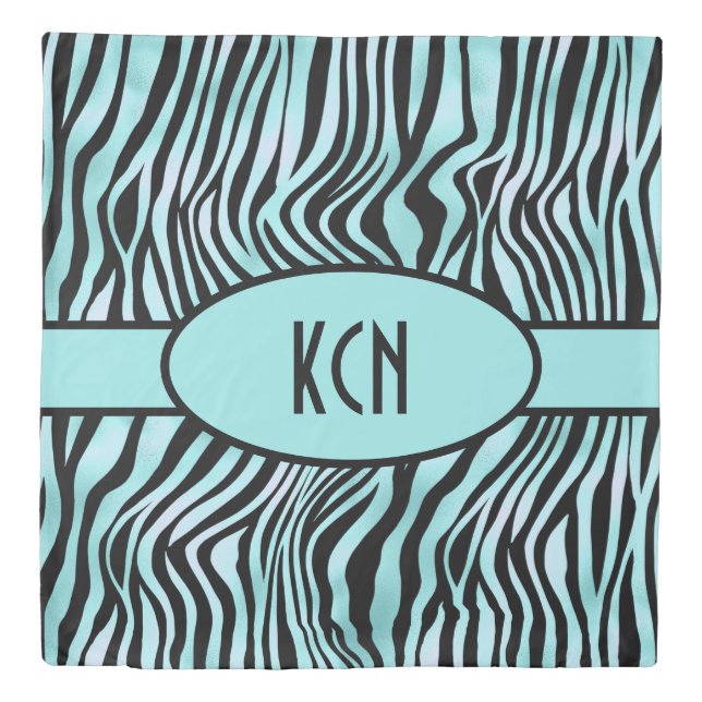 Monogrammed Zebra Print Black and Teal Turquoise  Duvet Cover (Front)