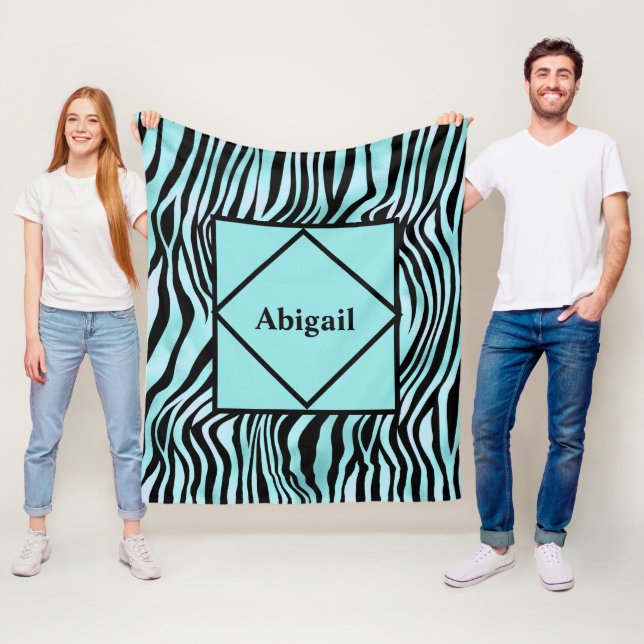 Monogrammed Zebra Print Black and Teal Turquoise  Fleece Blanket (In Situ)