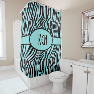 Monogrammed Zebra Print Black and Teal Turquoise Shower Curtain