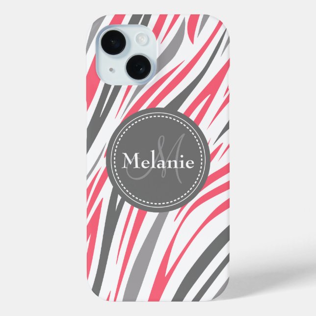Monogrammed Zebra Print in Pink and Grey Case-Mate iPhone Case (Back)