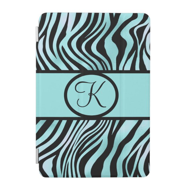 Monogrammed Zebra Print Teal Turquoise Black iPad Mini Cover (Front)