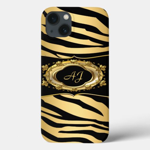 Monogrammed Zebra Stripe Black Ornate Gold iPhone 13 Case