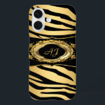 Monogrammed Zebra Stripe Black Ornate Gold iPhone 16 Case<br><div class="desc">Monogrammed Monogram, Elegant Zebra Stripe Animal, Black Ornate Gold Pattern Print. Black and Gold . Elegant Classy Phone Mobile Case Girly for Women girl Add Name Initials Glitter (Be advised that image will appear darker on Case) Fabulous product for Women, Girls, Zizzago created this design PLEASE NOTE all flat images!...</div>