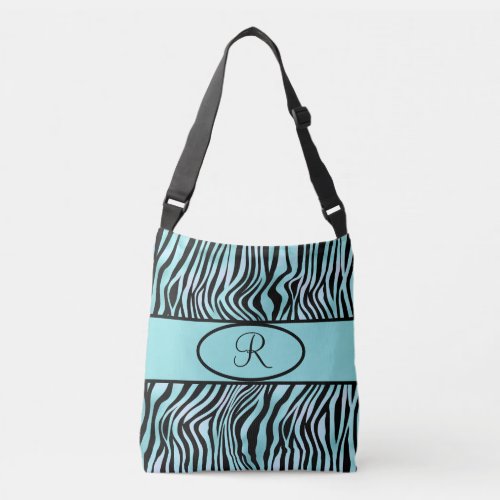 Monogrammed Zebra Stripe Turquoise Teal and Black Crossbody Bag