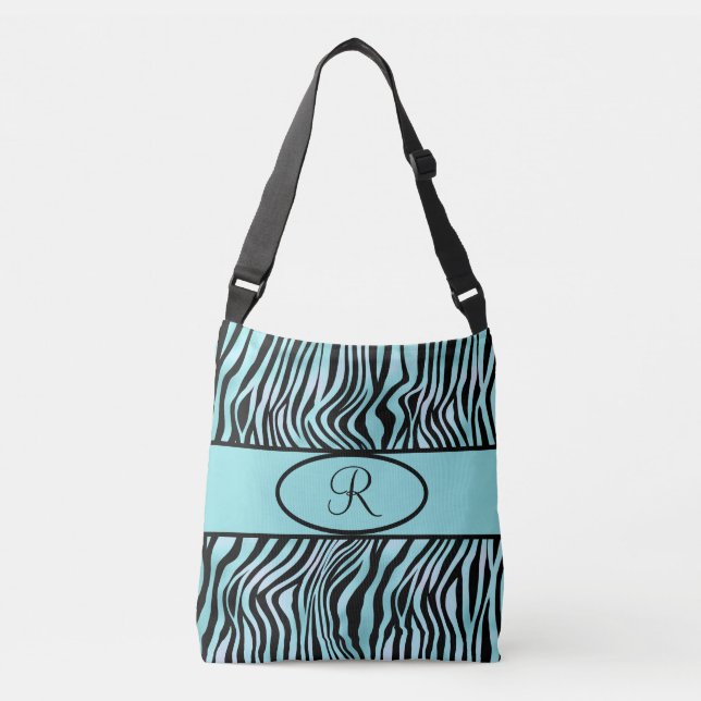 Monogrammed Zebra Stripe Turquoise Teal and Black Crossbody Bag (Front)