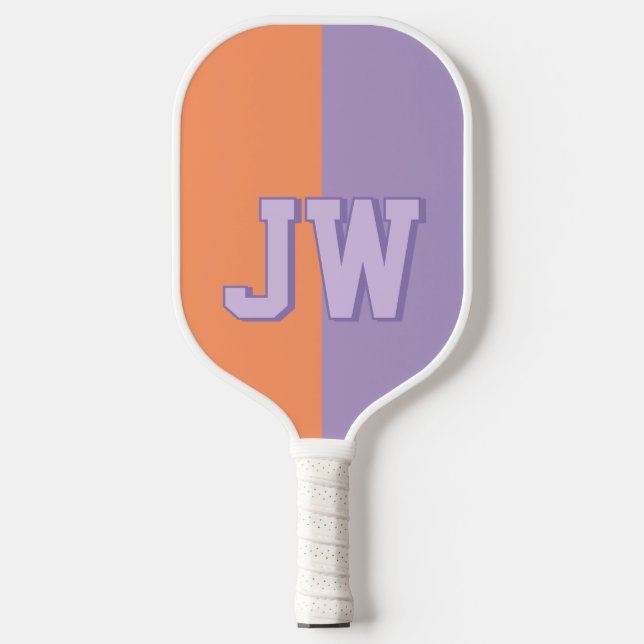 Monograms Add your name Purple & Orange Pickleball Paddle (Front)