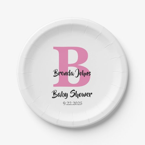 Monograms Baby Shower Pink White Cute Elegant Paper Plates