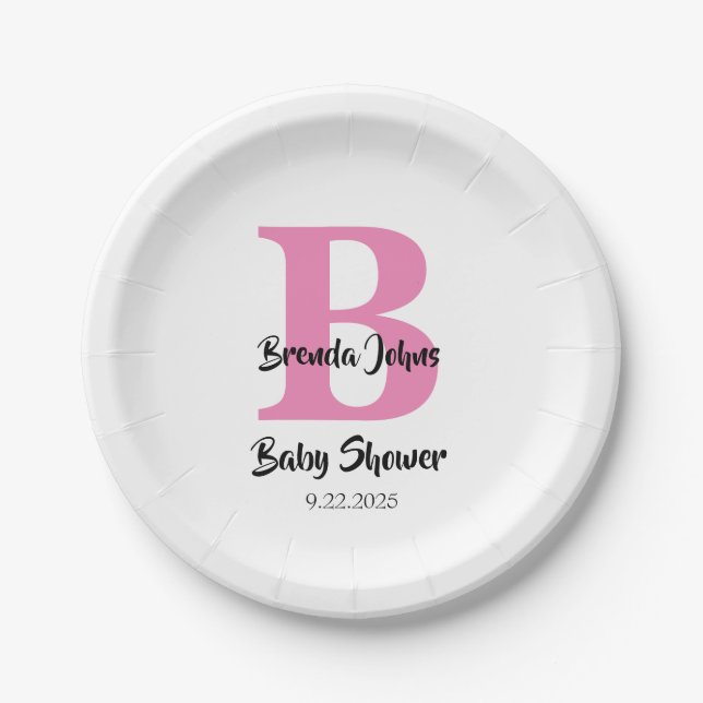 Monograms Baby Shower Pink White Cute Elegant Paper Plates (Front)