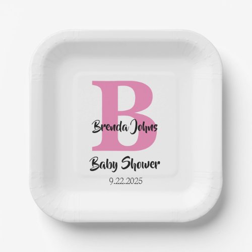 Monograms Baby Shower Pink White Cute Simple Paper Plates