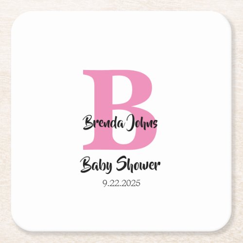 Monograms Baby Shower Pink White Cute Simple Square Paper Coaster