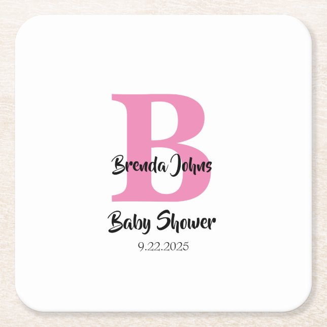 Monograms Baby Shower Pink White Cute Simple Square Paper Coaster (Front)
