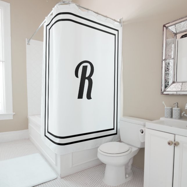 Monograms Black White Custom Elegant Script Name Shower Curtain (In Situ)
