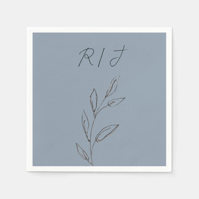 Monograms Black White Leaves Dusty Blue Wedding Napkins (Front)