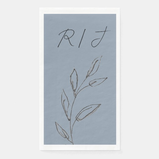 Monograms Black White Leaves Dusty Blue Wedding Paper Guest Towels (Front)