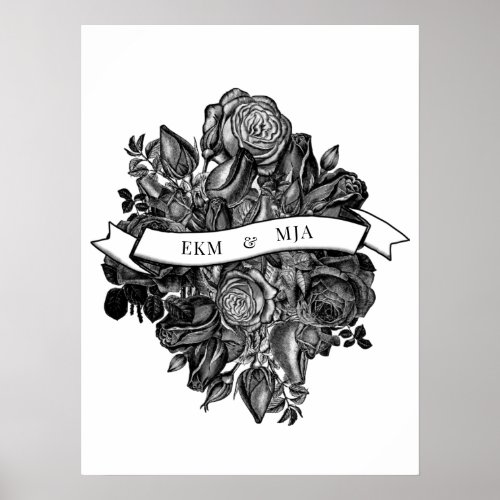 Monograms Black White Roses Bouquet Wedding Poster