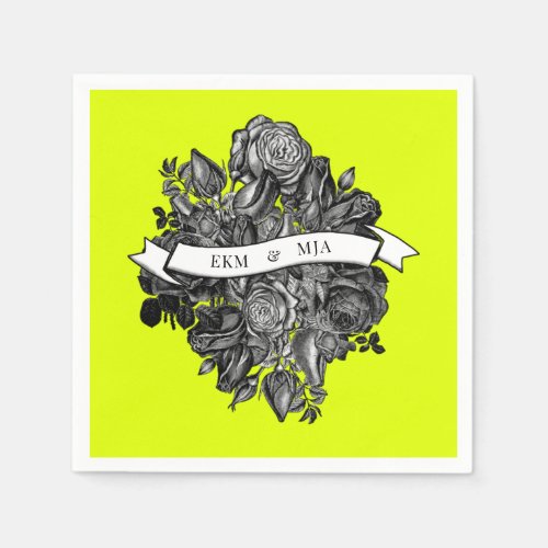 Monograms Black White Roses Lime Green Wedding Napkins