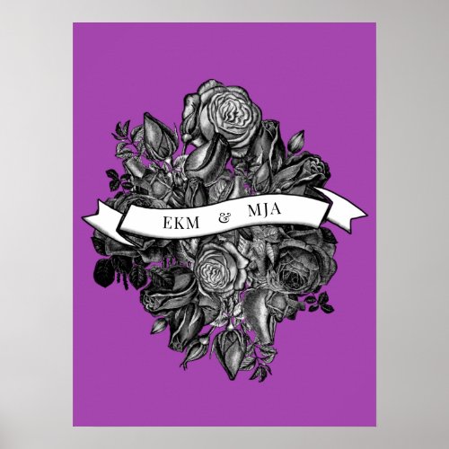 Monograms Black White Roses Purple Wedding Poster