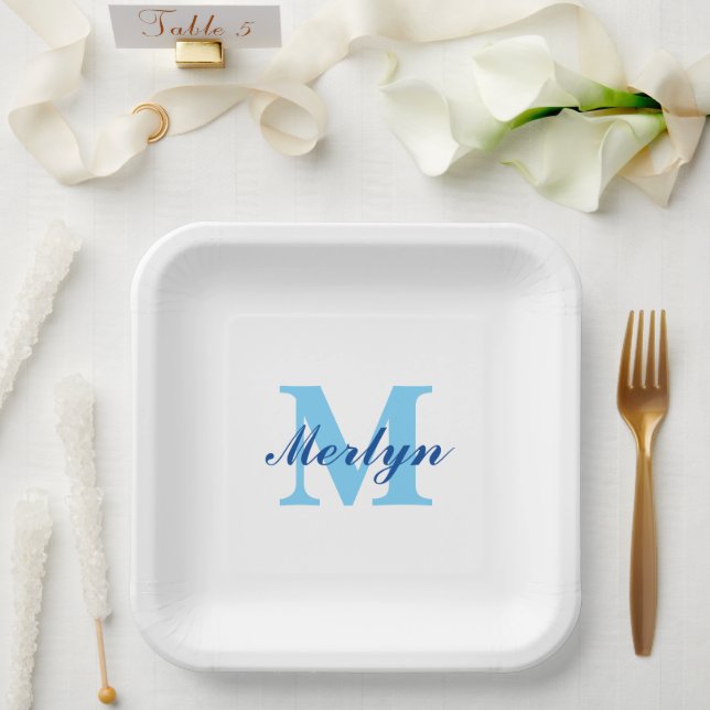 Monograms Blue Birthdays Baby Showers Elegant Paper Plates (Wedding)