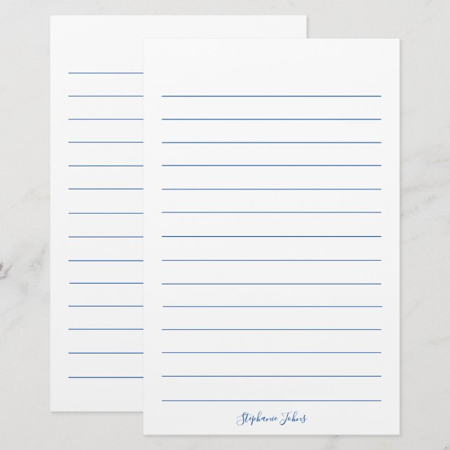 Monograms Custom Name Blue Lines White Elegant Stationery (Front/Back)