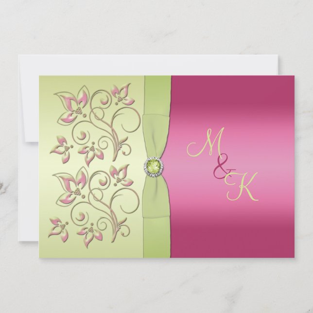Monograms Green Pink Floral Wedding Invitation (Front)