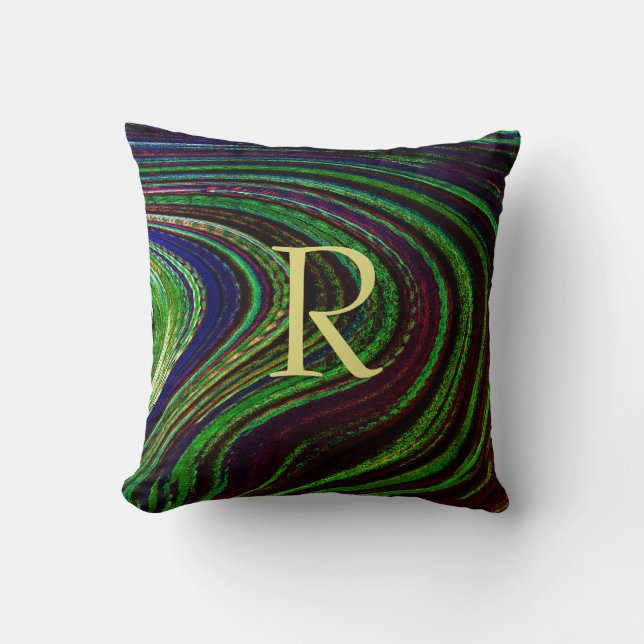 Monograms Green Wave Abstract Patterns Swirls Cool Throw Pillow (Front)