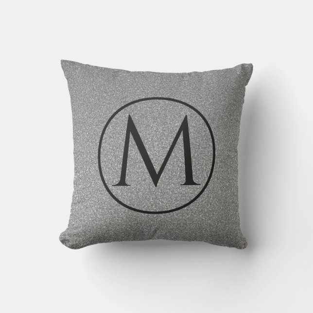 Monograms Initial Black White Grey Glitter Modern Outdoor Pillow (Front)
