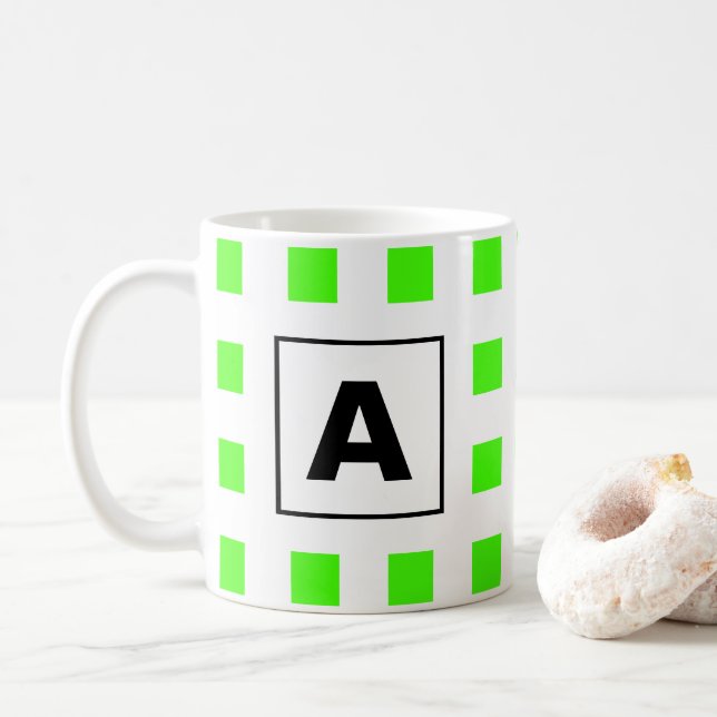 Monograms Initial Neon Green Tile Patterns White Coffee Mug (With Donut)