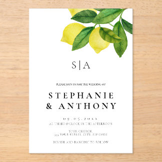 Monograms Lemon Branch Greenery Wedding Acrylic Invitations