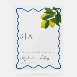 Monograms Lemon Citrus, Blue Wave Border Wedding Acrylic Sign