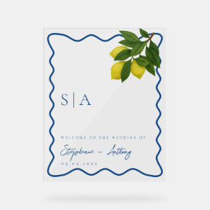 Monograms Lemon Citrus, Blue Wave Border Wedding Acrylic Sign
