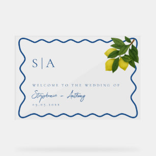 Monograms Lemon Citrus, Blue Wave Border Wedding Acrylic Sign