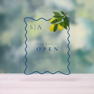 Monograms Lemon Citrus, Blue Wave Border Wedding Acrylic Sign