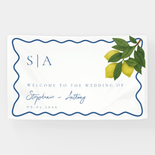 Monograms Lemon Citrus, Blue Wave Border Wedding   Banner (Horizontal)