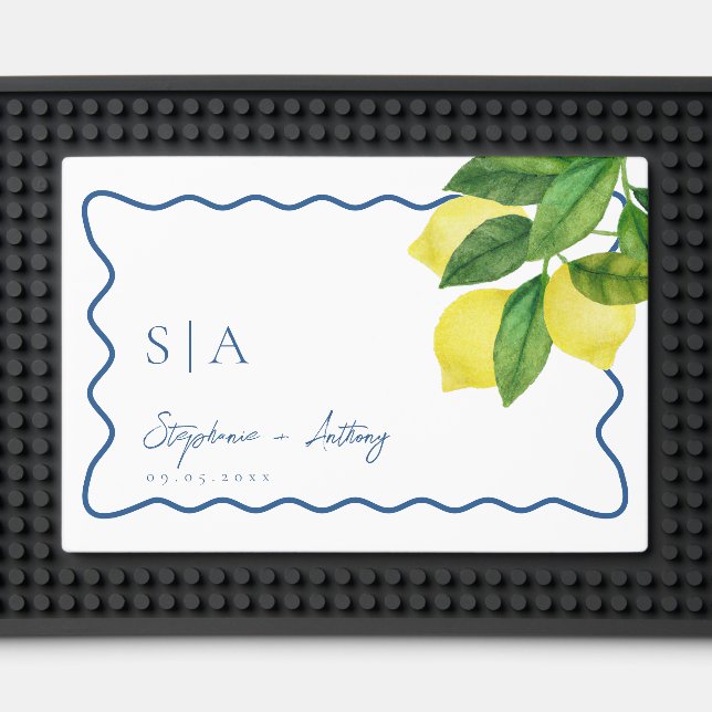 Monograms Lemon Citrus, Blue Wave Border Wedding   Bar Mat (Front (Close Up))