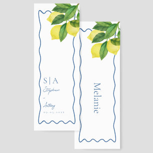 Monograms Lemon Citrus, Blue Wave Border Wedding   Bookmarks